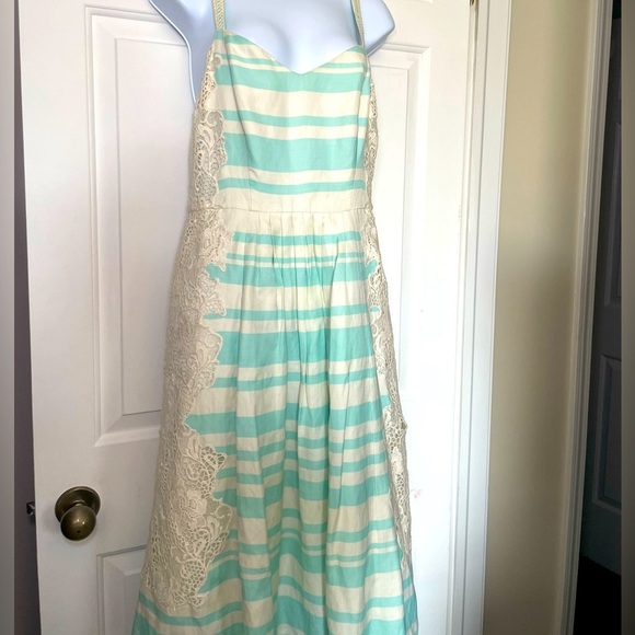 Anthropologie Moulinette Soeurs Sea Isle Dress Sz 8 Mint/IvoryStripe Lace V Nck - Picture 2 of 13
